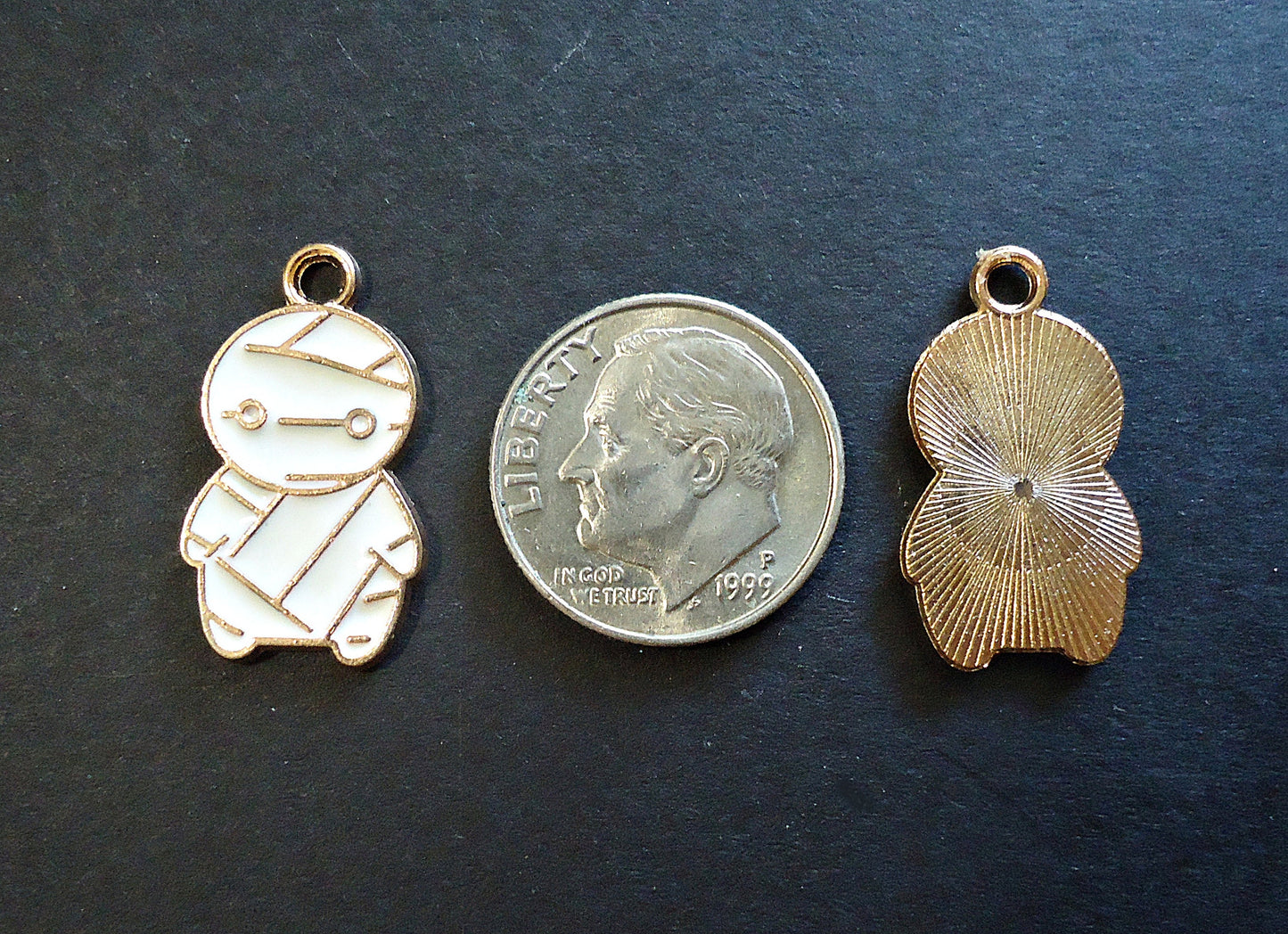Halloween Mummy Charms, Gold and Enameled White, One inch Tall, Set of 10