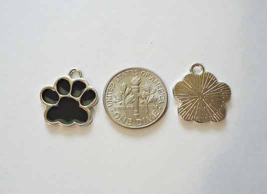 Black and Silver Enameled Paw Print Charms - 17mm Tall - Set of 10