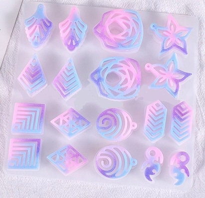 Silicone Mold, Pendants and Earrings, Resin Casting Mold, UV or Epoxy Resin, Flowers and Geometric Shapes, 5 3/8" x 5 1/4"