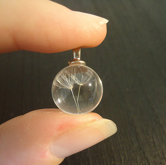 Dandelion Pendants, Authentic Pressed Dandelions in Glass Spheres, 15mm Round, Set of 5