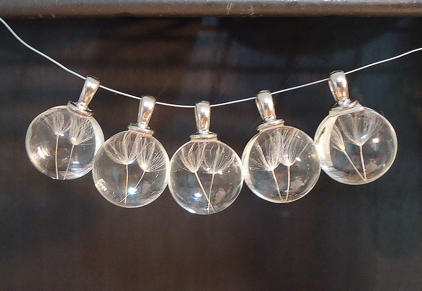 Dandelion Pendants, Authentic Pressed Dandelions in Glass Spheres, 15mm Round, Set of 5
