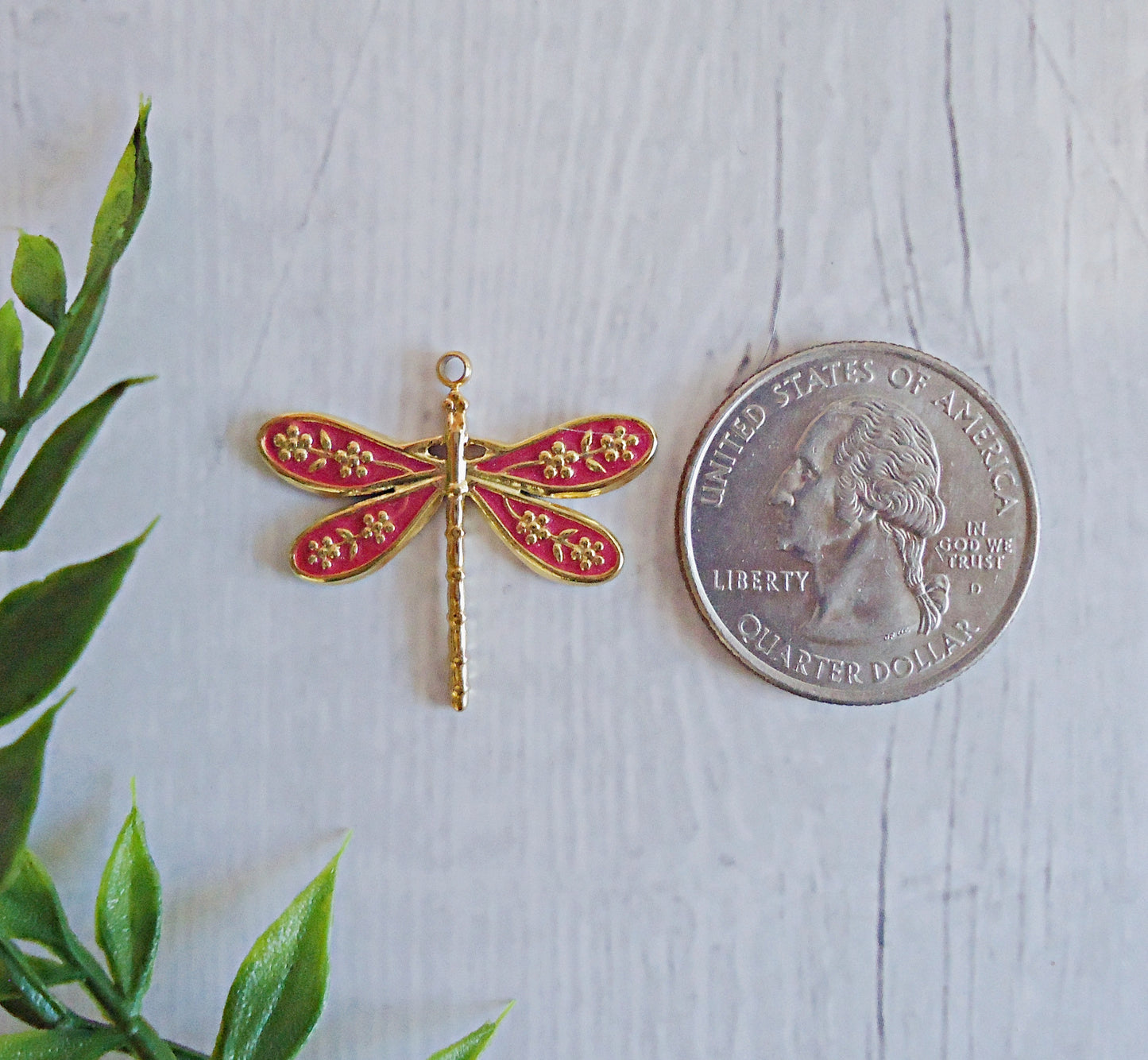 Enameled Dragonfly Pendant, Red and Gold, Stainless Steel, 1"