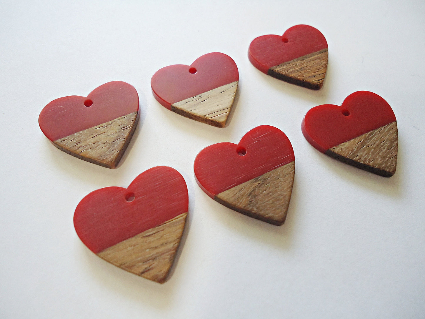Heart Pendants, Resin and Wood, Deep Red and Walnut, 1" Wide