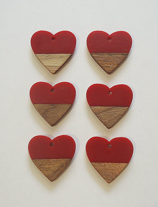 Heart Pendants, Resin and Wood, Deep Red and Walnut, 1" Wide
