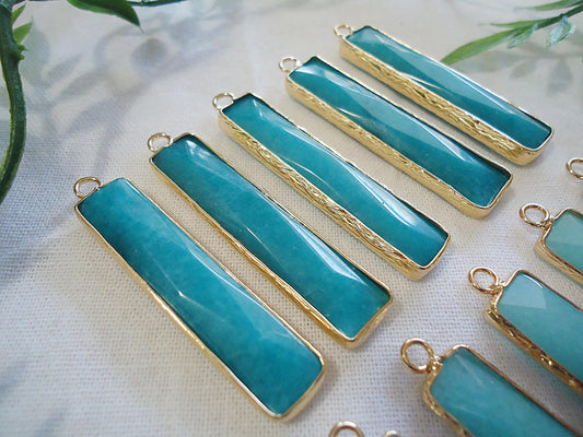 Amazonite Pendants, Bar Rectangles with Golden Brass Bezels, 1-5/8" Long