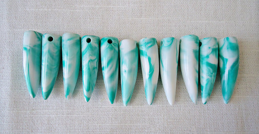 20 Marbled Tusk Beads, Acrylic, White and Turquoise, Side drilled, 1.25" Long x 10mm Wide