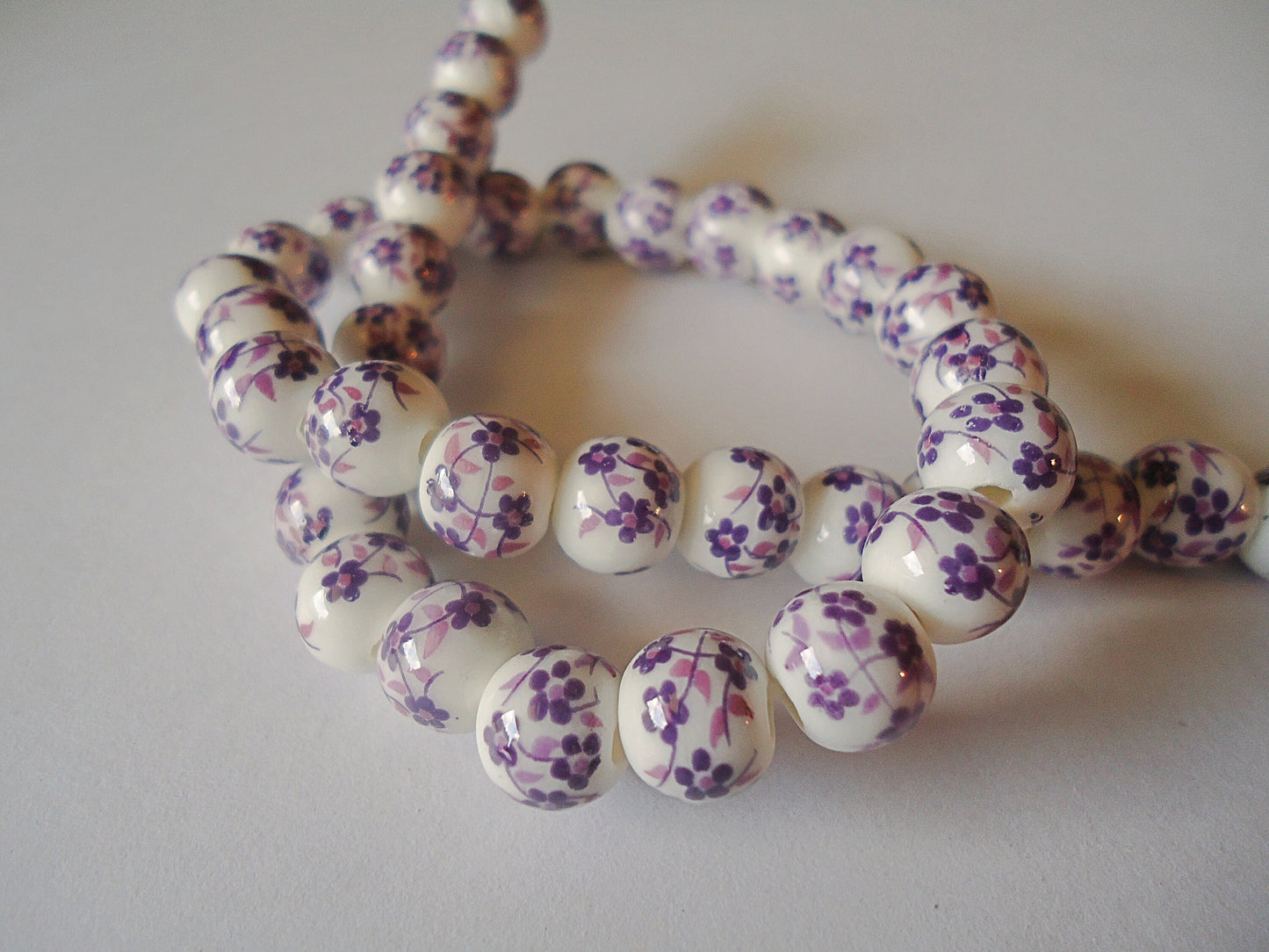 Porcelain Beads - 8mm Round - White Beads with Blue, Purple, Black, or Red Flowers, Set of 10