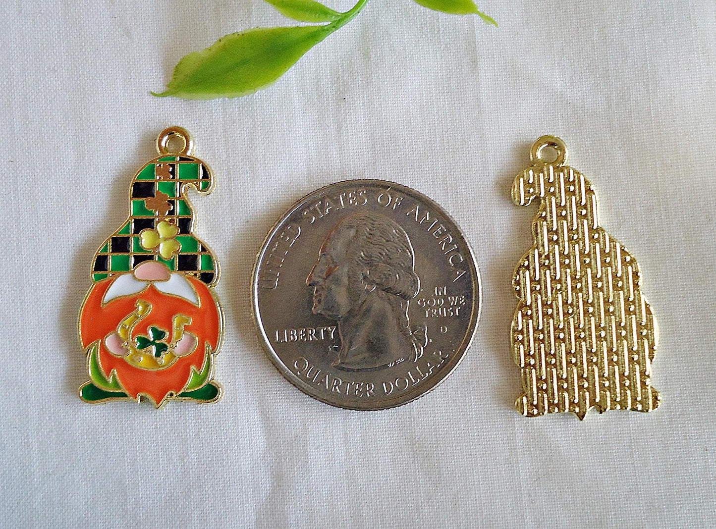 Irish Gnome Charms, St Patricks Day Gnome Pendants, Green Shamrock Four Leaf Clover Gnomes, 1 1/8" Tall