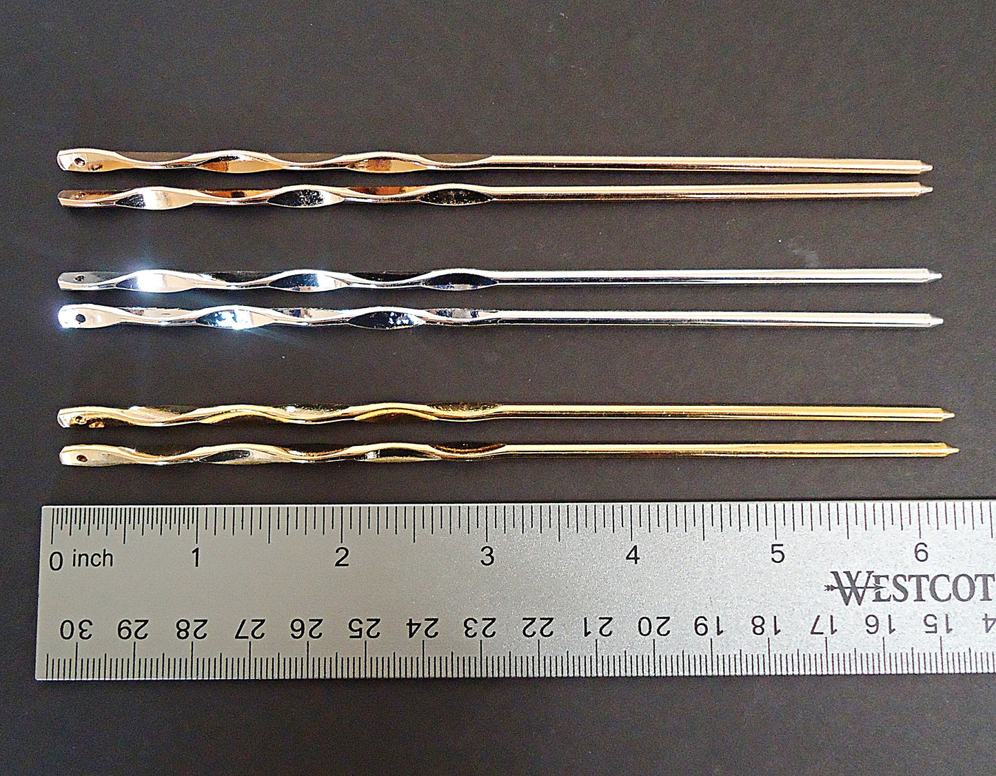 Twisted Metal Hair Stick Blanks, 6.25 Inches Long, Bright Silver, Gold, Gunmetal, Top Drilled for embellishing