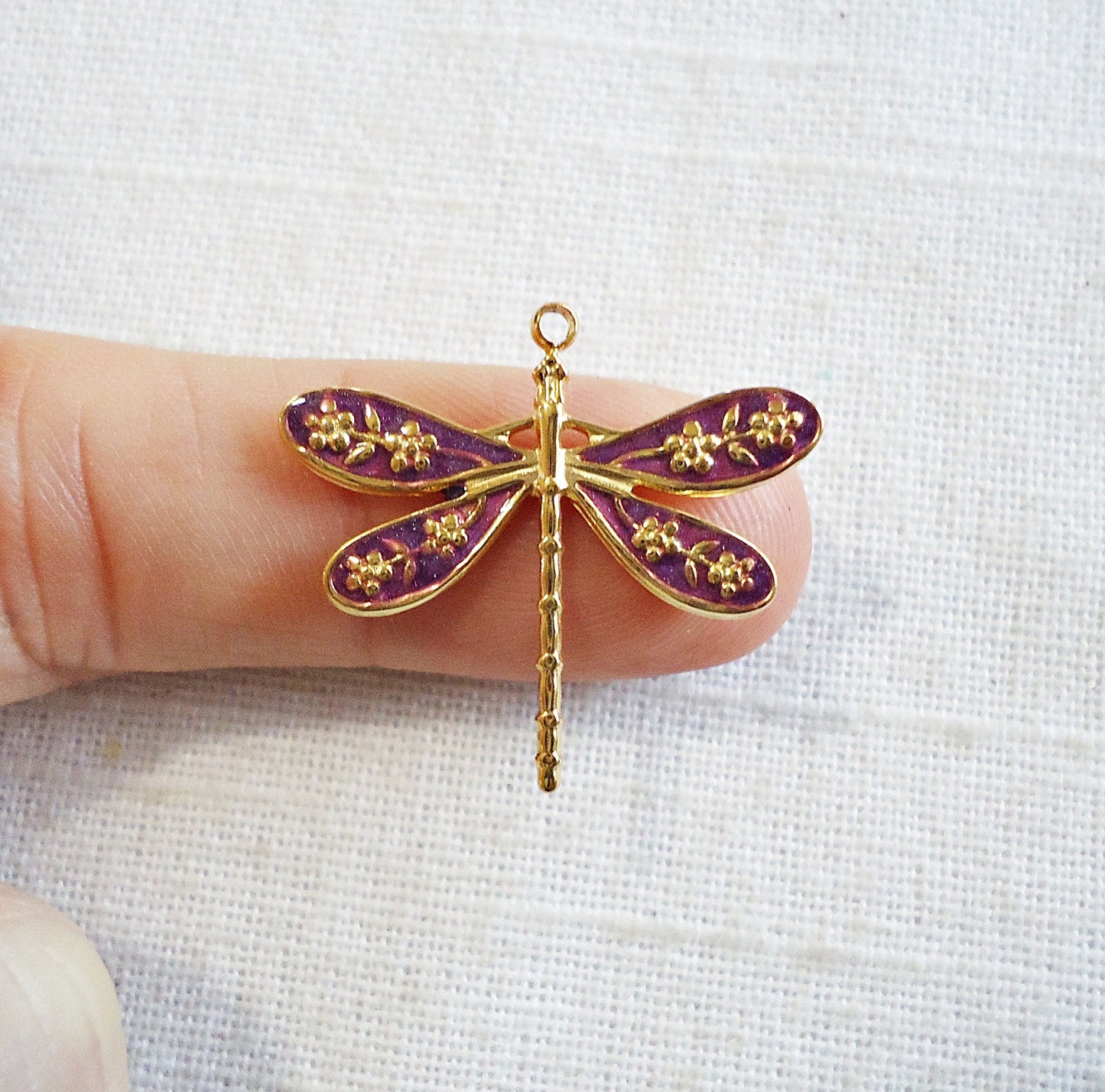 Enameled Dragonfly Pendant, Purple and Gold, Stainless Steel, 1"
