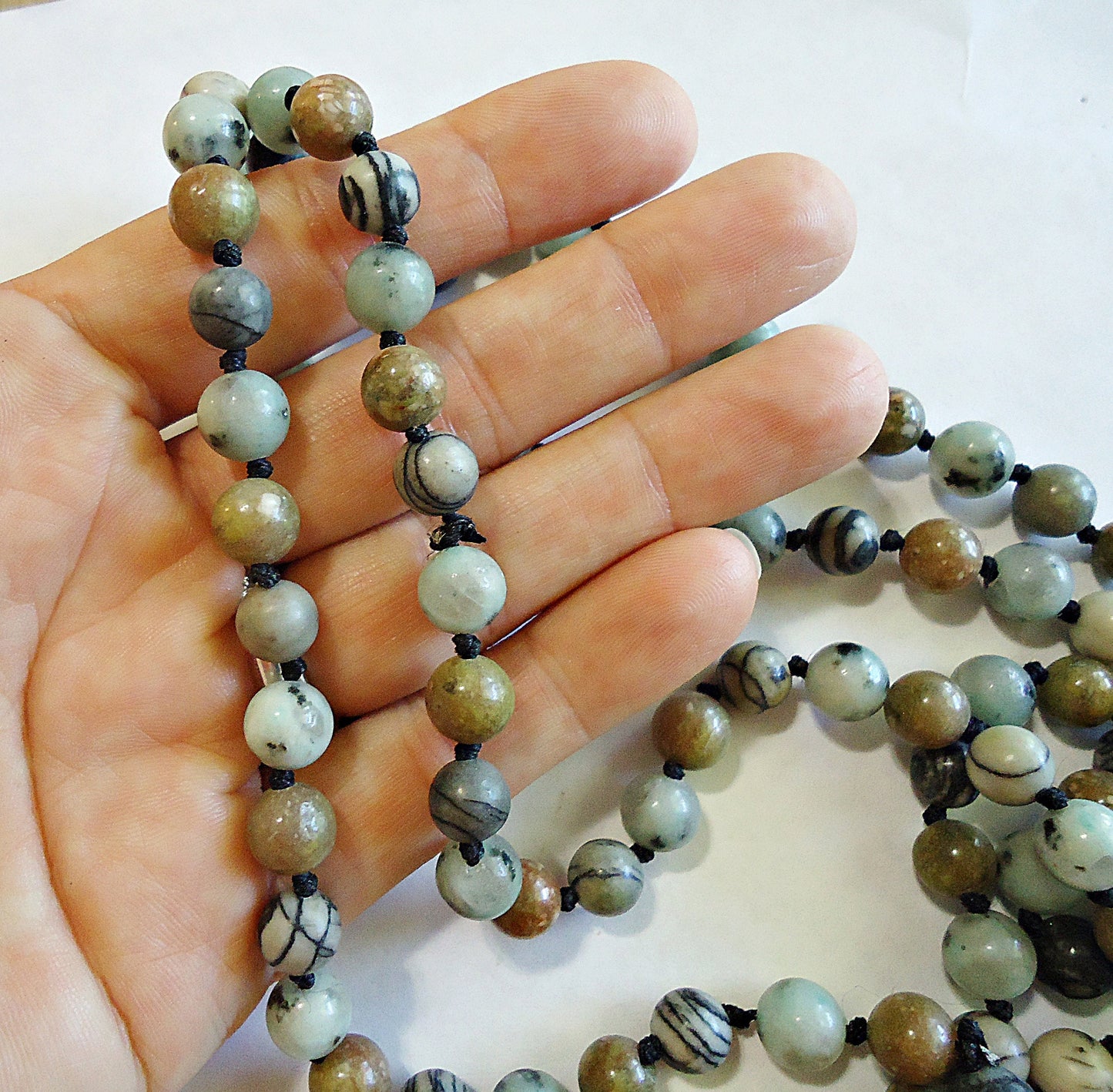 8mm Round Mixed Gemstones, 61" Strand, Black Silk Stone, Sesame Jasper, Unakite, Greens, Blacks, 153 Round Gemstone Beads