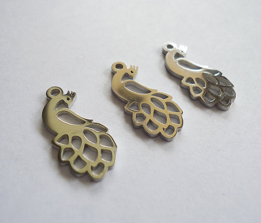 Small Stainless Steel Peacock Charms - 18.5mm x 8.5mm x 1mm