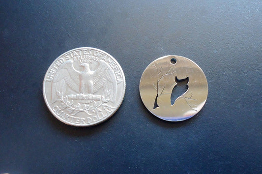 Stainless Steel Owl on Tree Branch Charm Pendant - Laser-cut - 20mm wide