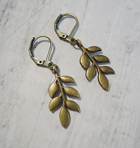 Bronze Leaf Earrings, Minimalist, 1" Dangle
