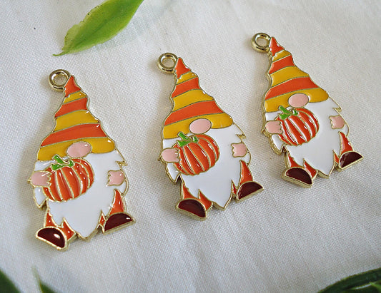 Autumn Gnome Charms, Thanksgiving & Halloween Gnomes, Pumpkin Gnome Pendants, Fall Gnome Charms, Yellow Orange Red Green, 1 1/8" Tall