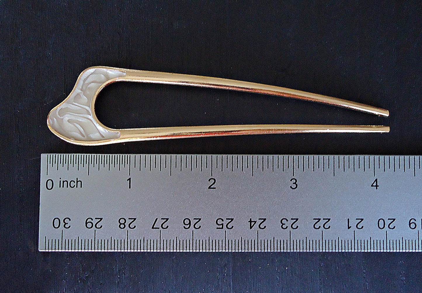 Faux Mother of Pearl Double Hair Stick, Hair Fork, Gold Plated Metal Alloy, 4.25" Long, Resin Swirl, Gold Swirl, Smooth White, Pale Pink