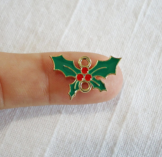 Holly Leaf Links, Christmas Charm, Enameled Green Red Gold