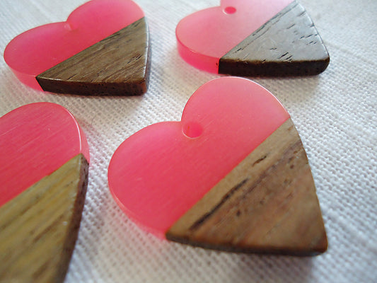 Heart Pendants, Resin and Wood, Bright Pink and Walnut, 1" Wide