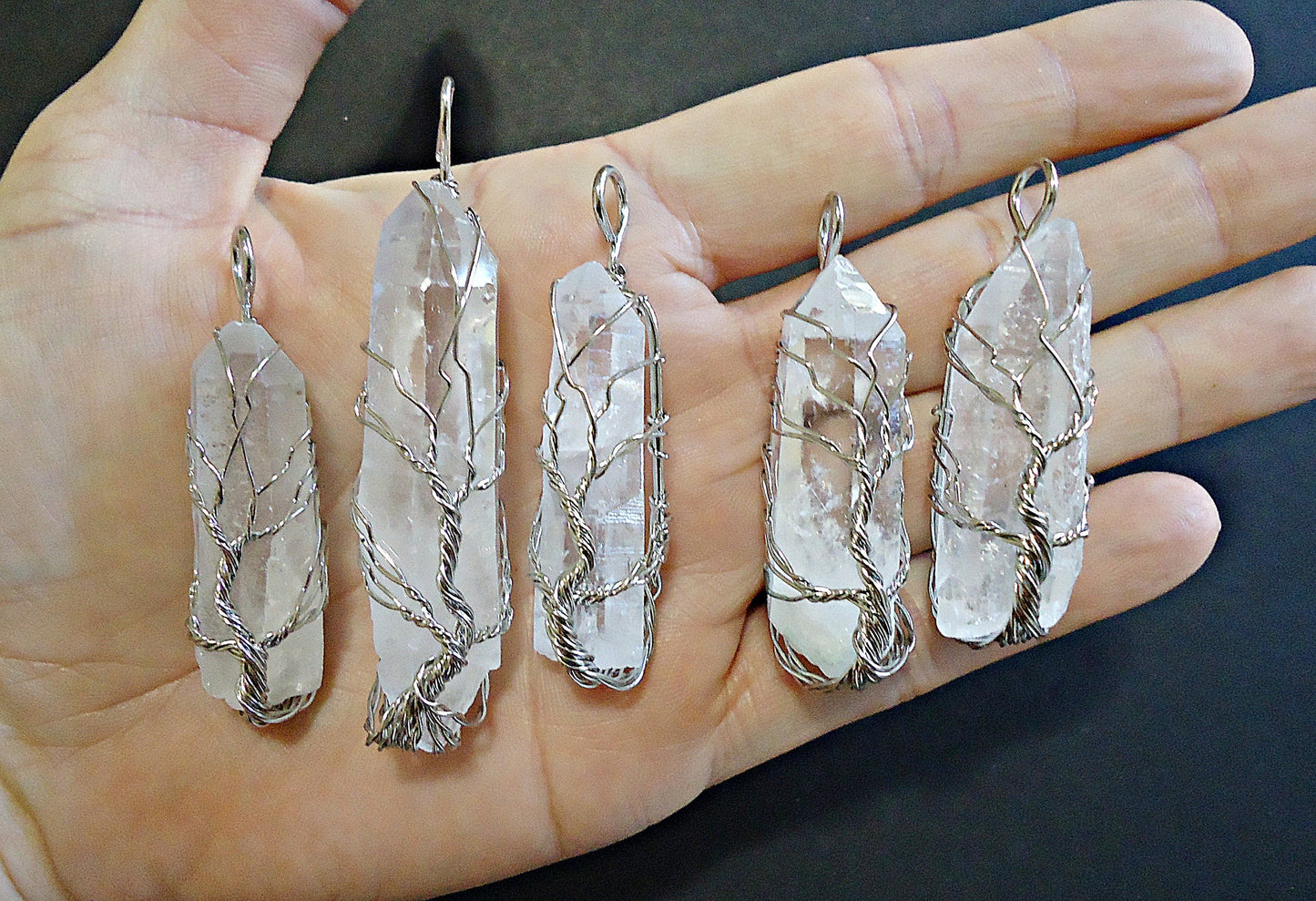 Quartz Crystal Pendant, Wire Wrapped Tree of Life, 2" - 2.75"