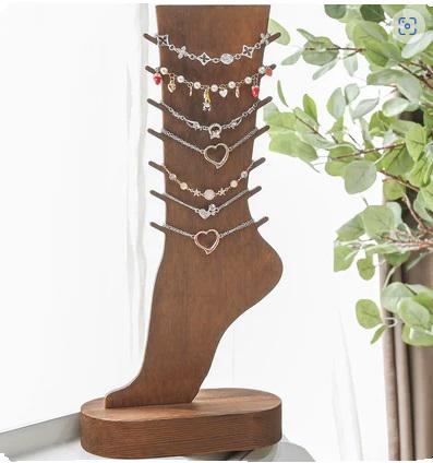 Rustic Anklet Display, Brown Wooden Foot Ankle Leg Anklet Bracelet Display, Holds 7 Anklets, Hand painted White Flowers