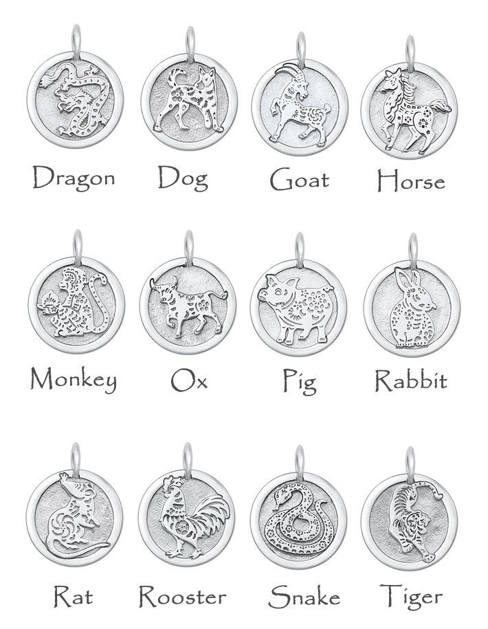 Zodiac Animal Pendants, Sterling Silver, 5/8" Wide, Chinese Symbol on Back