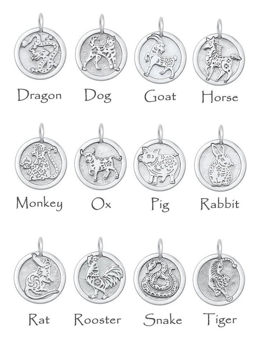 Zodiac Animal Pendants, Sterling Silver, 5/8" Wide, Chinese Symbol on Back