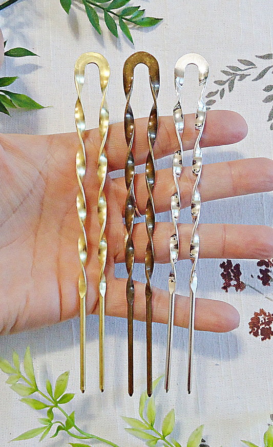 Hair Pin, Double Hair Stick, Twisted Metal U-pin, Silver, Gold, Antique Bronze, 5.75" Long
