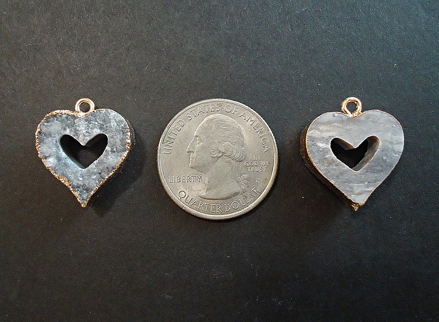 Natural Druzy Heart Pendant, Gold Trim, Cut Stone, Gray