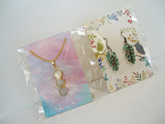 100 Necklace & Earring Paper Display Cards and Bags, Watercolor, Sketches, Flowers, and Birds, 9x6cm, Resealable or Zipper Bags