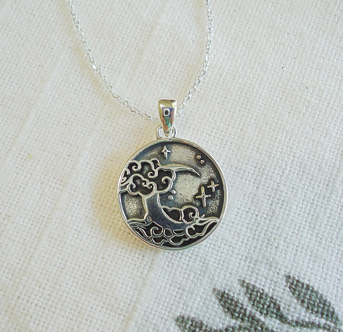 Small Sterling Silver Moon and Clouds Pendant, Soldered Bail