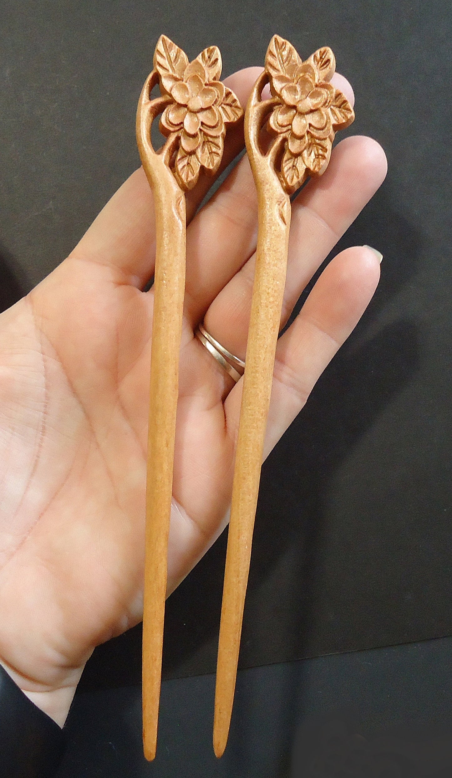 Seven Inch Sturdy Wooden Hair Sticks, Carved, Leaves, Flowers, Celtic Knots, Calla Lilies, Light Color Wood
