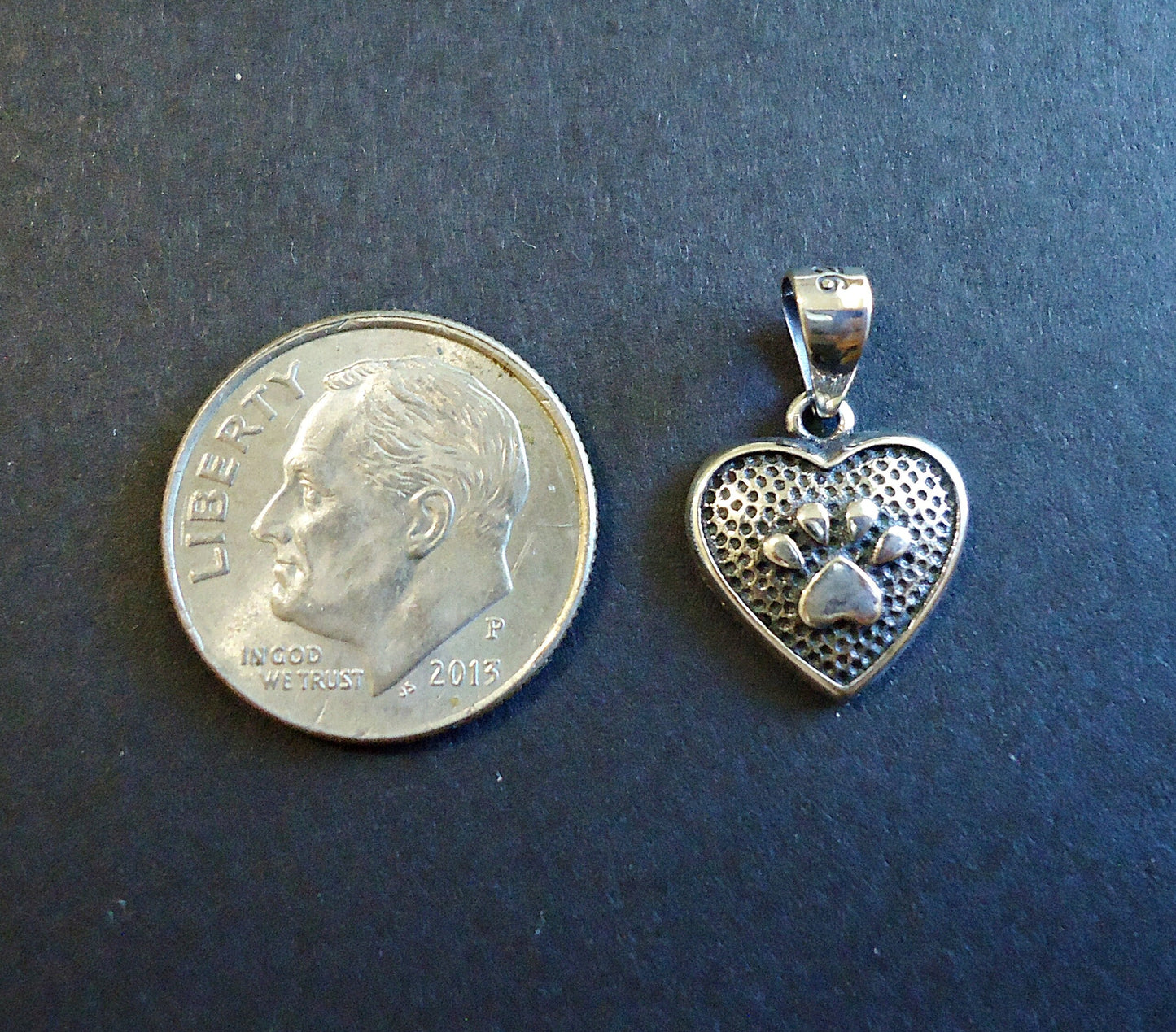 Small Sterling Silver Paw Print Heart Pendant - 11.5mm Tall, Soldered Bail