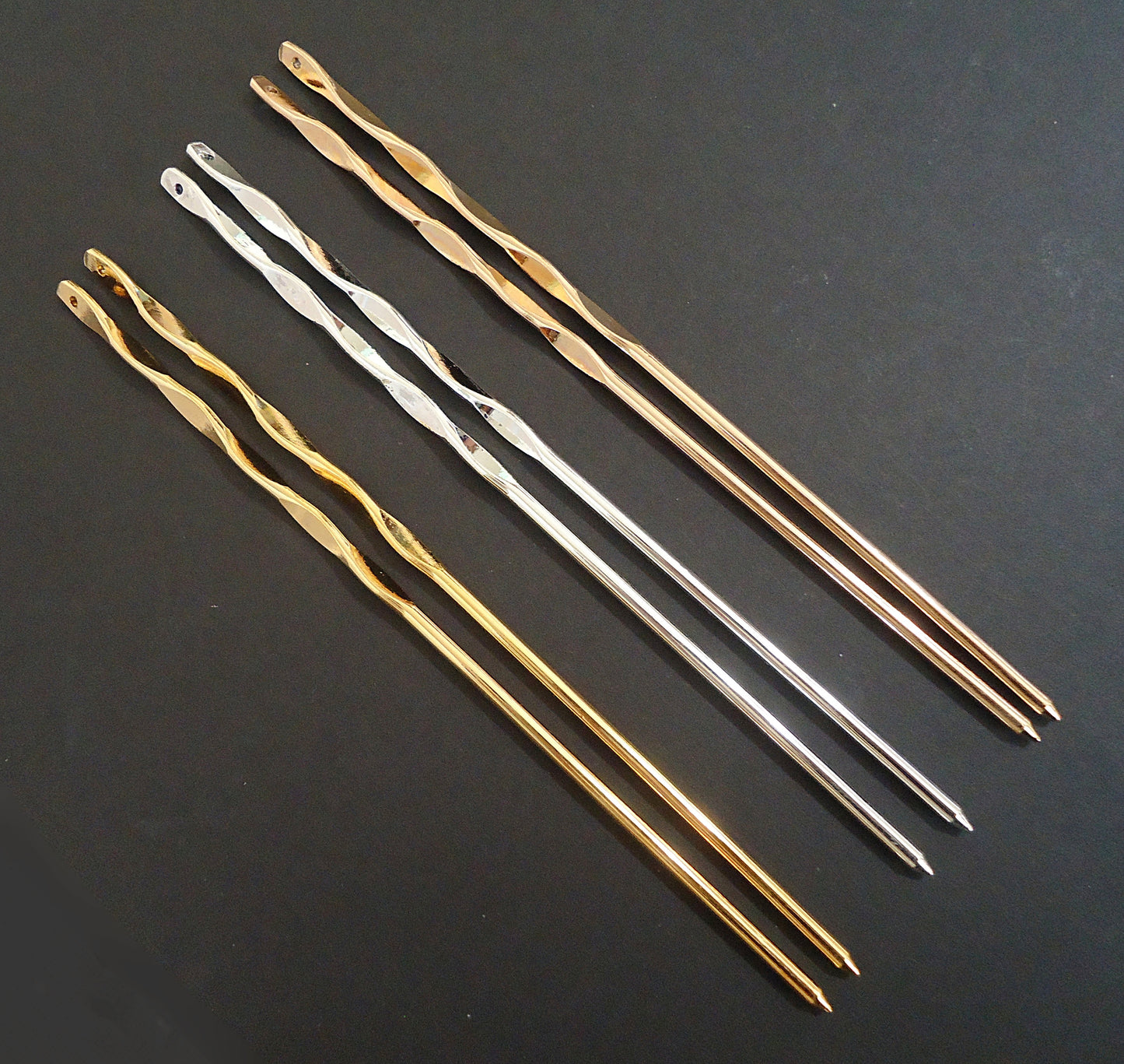 Twisted Metal Hair Stick Blanks, 6.25 Inches Long, Bright Silver, Gold, Gunmetal, Top Drilled for embellishing