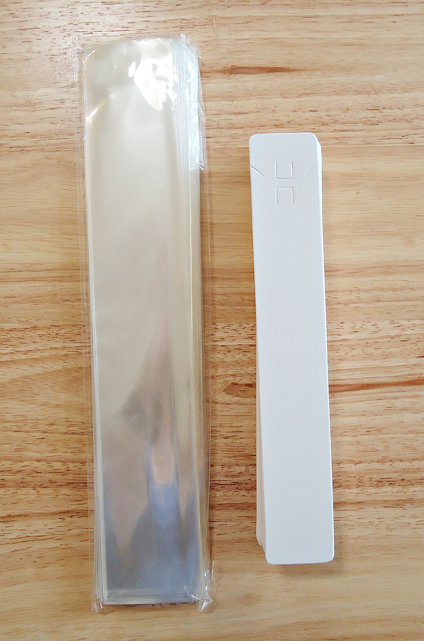 100 Cards & Cellophane Bags for Long Items, 8.25" Long, Packaging for Bracelets, Necklaces, Hair Sticks, Bookmarks, etc.