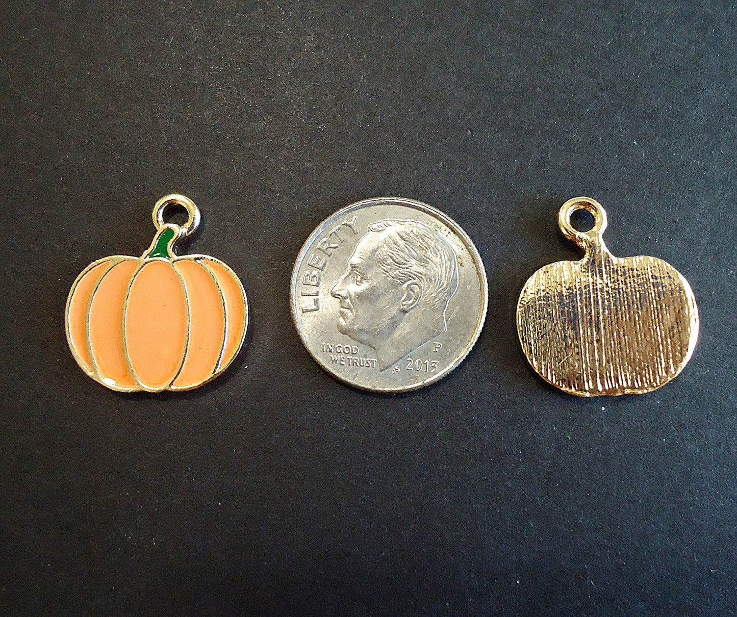 Small Pumpkin Charms, Orange Enamel and Gold Plating, Set of 10
