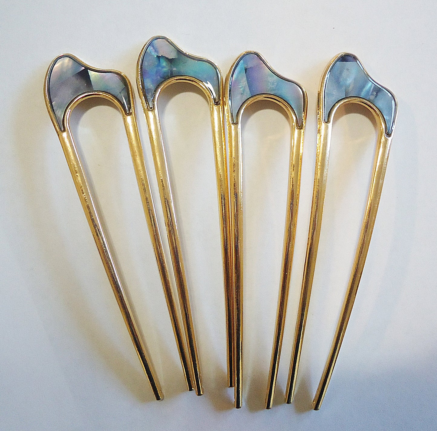 Abalone Double Hair Stick, Hair Fork, Gold, Metal Alloy, Wavy or Horseshoe Shape, 4" and 4.25" Long