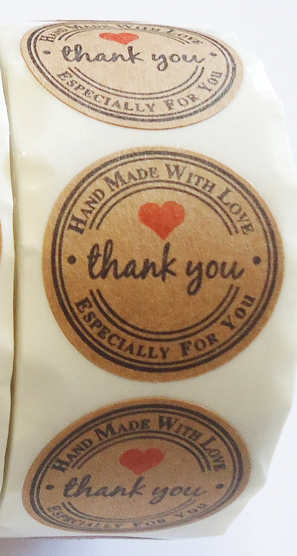500 Stickers, 1 Inch Wide, Thank You, Handmade with Love, Especially For You, Kraft Brown, Packaging, Labels