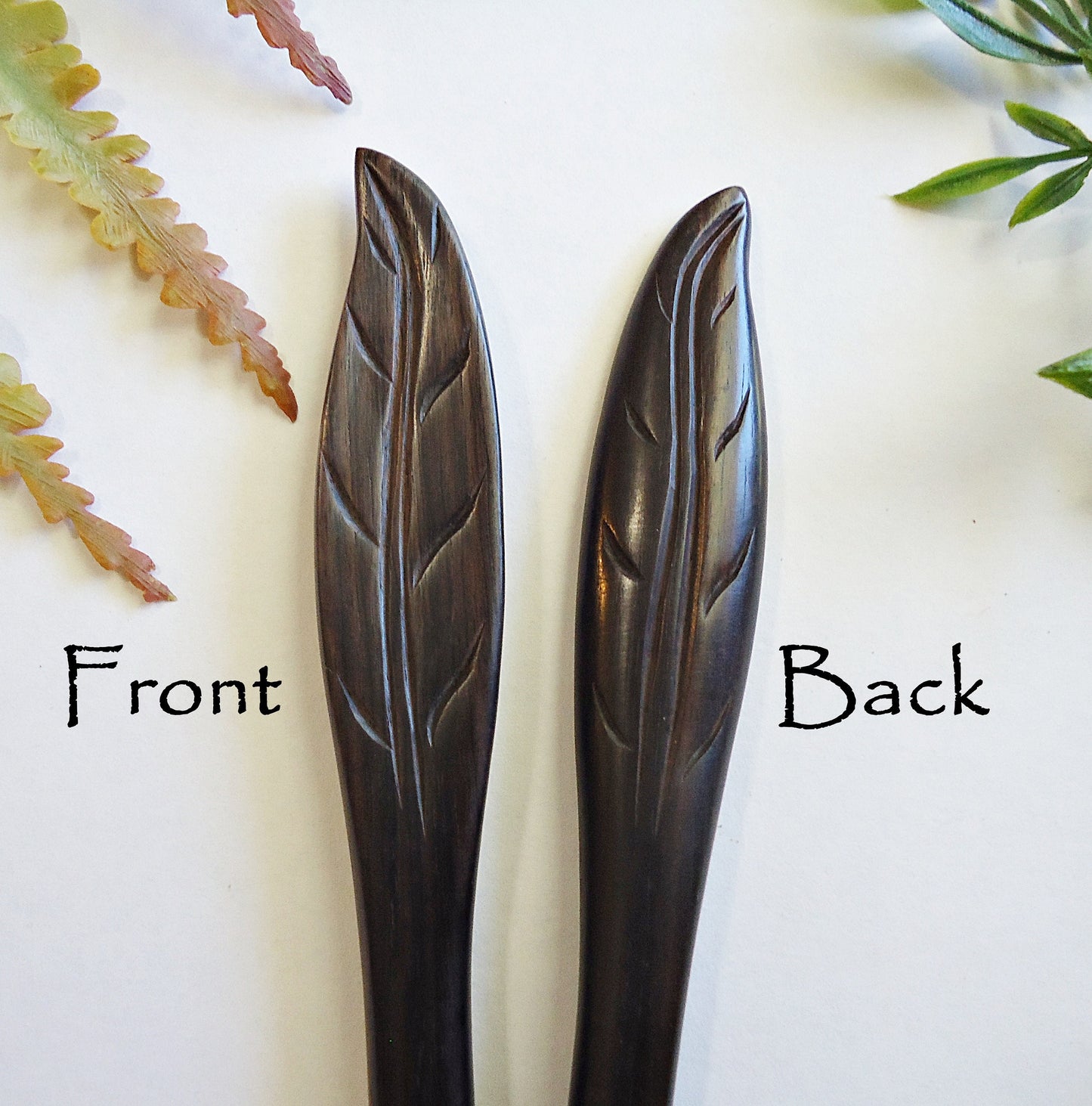 Carved Wooden Leaf Hair Stick, Dark Brown, 7" long