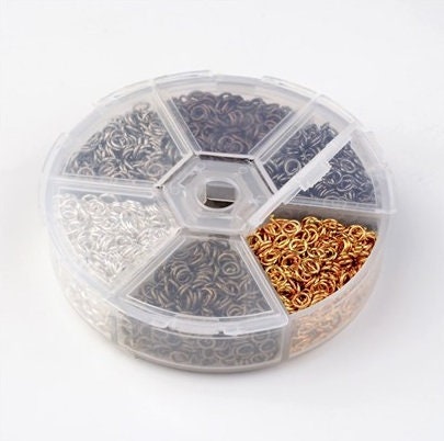 Jump Rings, 5mm, Mixed Colors w/Round Storage Box, Silver, Gold, Bronze, Steel, Copper, Gunmetal, 2300 Total Rings