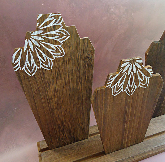 Set of 3 Wooden Necklace Displays with Base Board - 17" Wide, 12" Tall, 11" Tall, 9" Tall, Brown Finish, White Flower Stencil