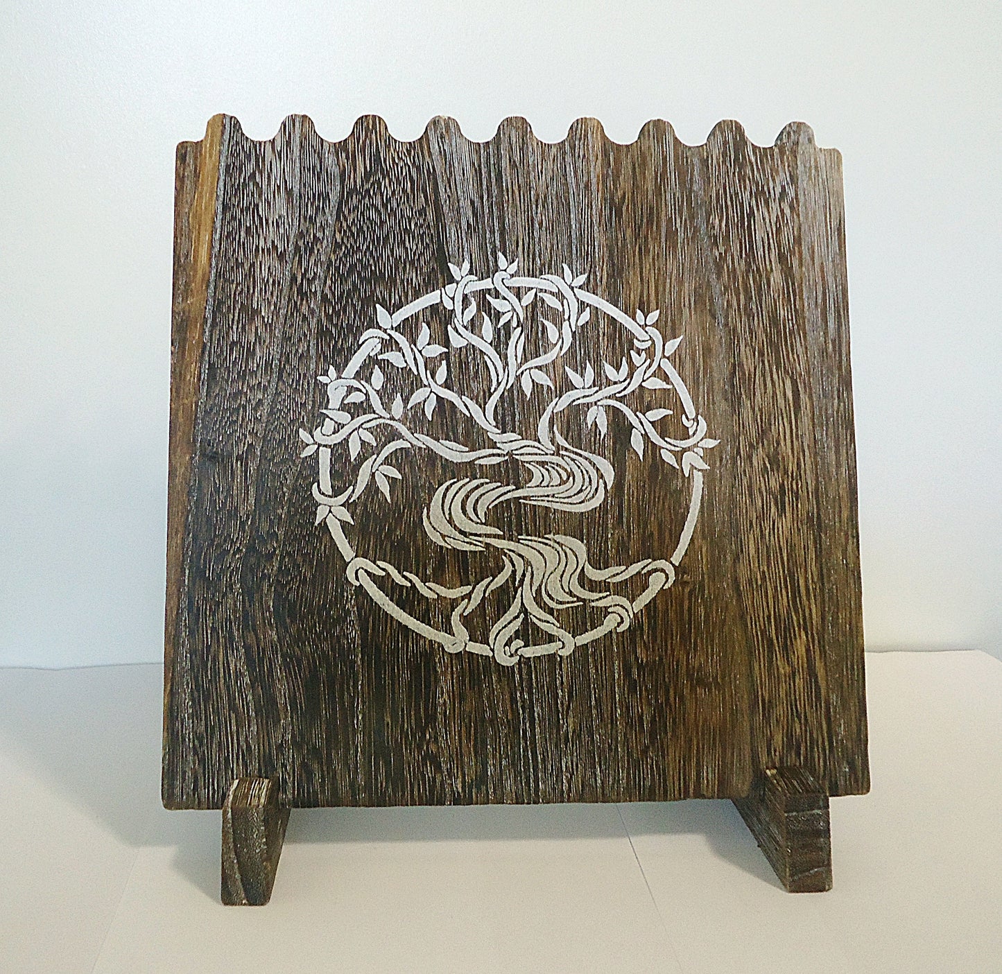 Wooden Necklace Display, Brown or Weathered Brown, Multi-Necklace, 10.25" High, Pegs on Back, Mandala, Flower, Tree of Life, Feathers, Grass