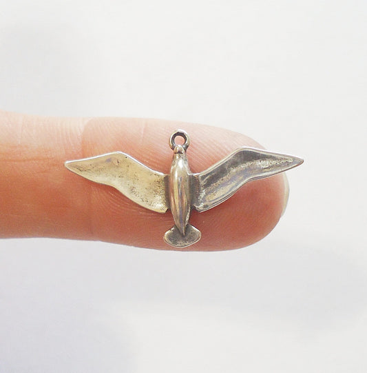 Sterling Silver Bird in Flight Charm / Pendant - Dove, Bird, Open Wings, Antique Silver