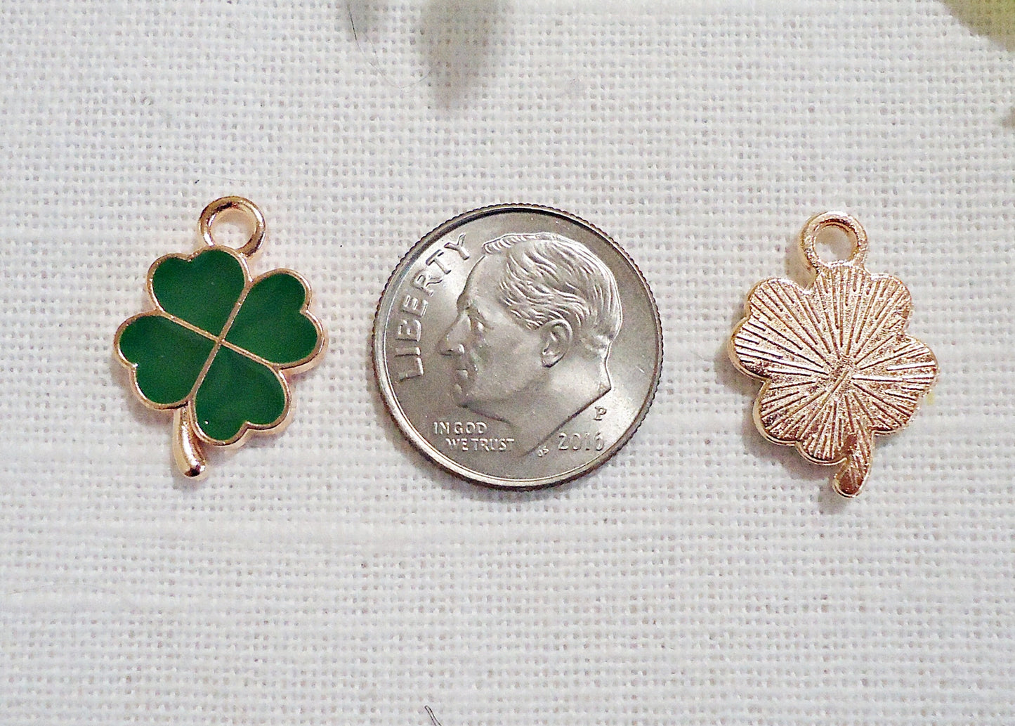 Four Leaf Clover Charms, Green Enameled and Light Gold, 1/2" Wide, Set of 10