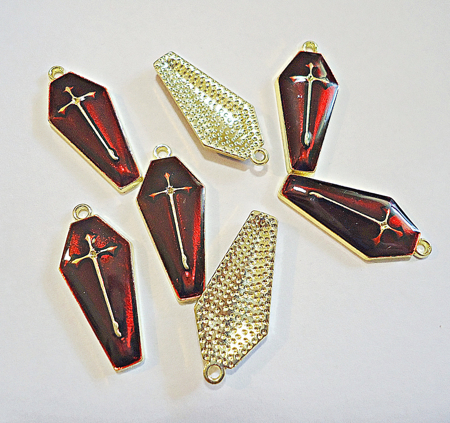 Coffin Charms / Pendants, Enameled Red and Silver or Gold, 26mm Tall, Halloween Theme, Set of 5