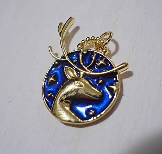 Reindeer Enameled Pendant, Dark Blue and Gold, Christmas Charm pendant, 18K Gold Plated Brass Charm, Small Christmas Charm