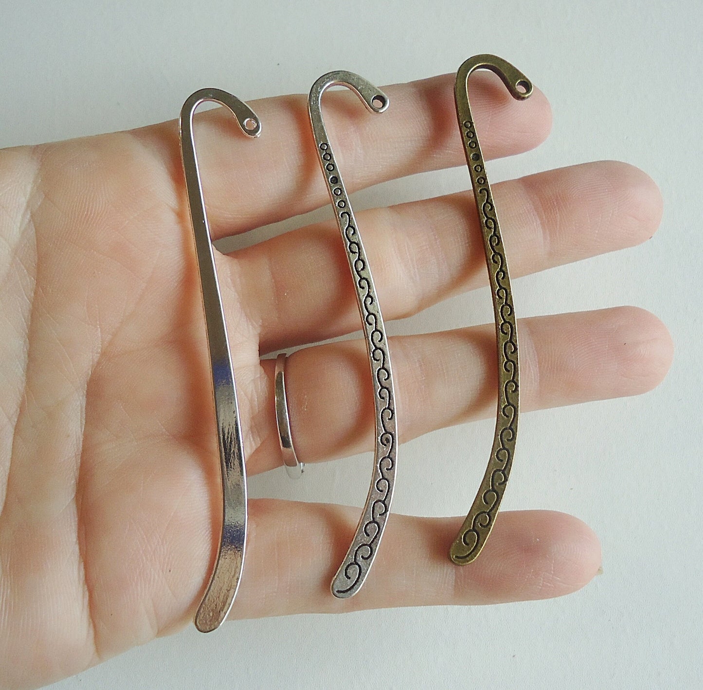 10 Small Bookmark Blanks, Smooth Silver, Bronze Scrolls, Silver Scrolls, 3.25" Long, 84mm