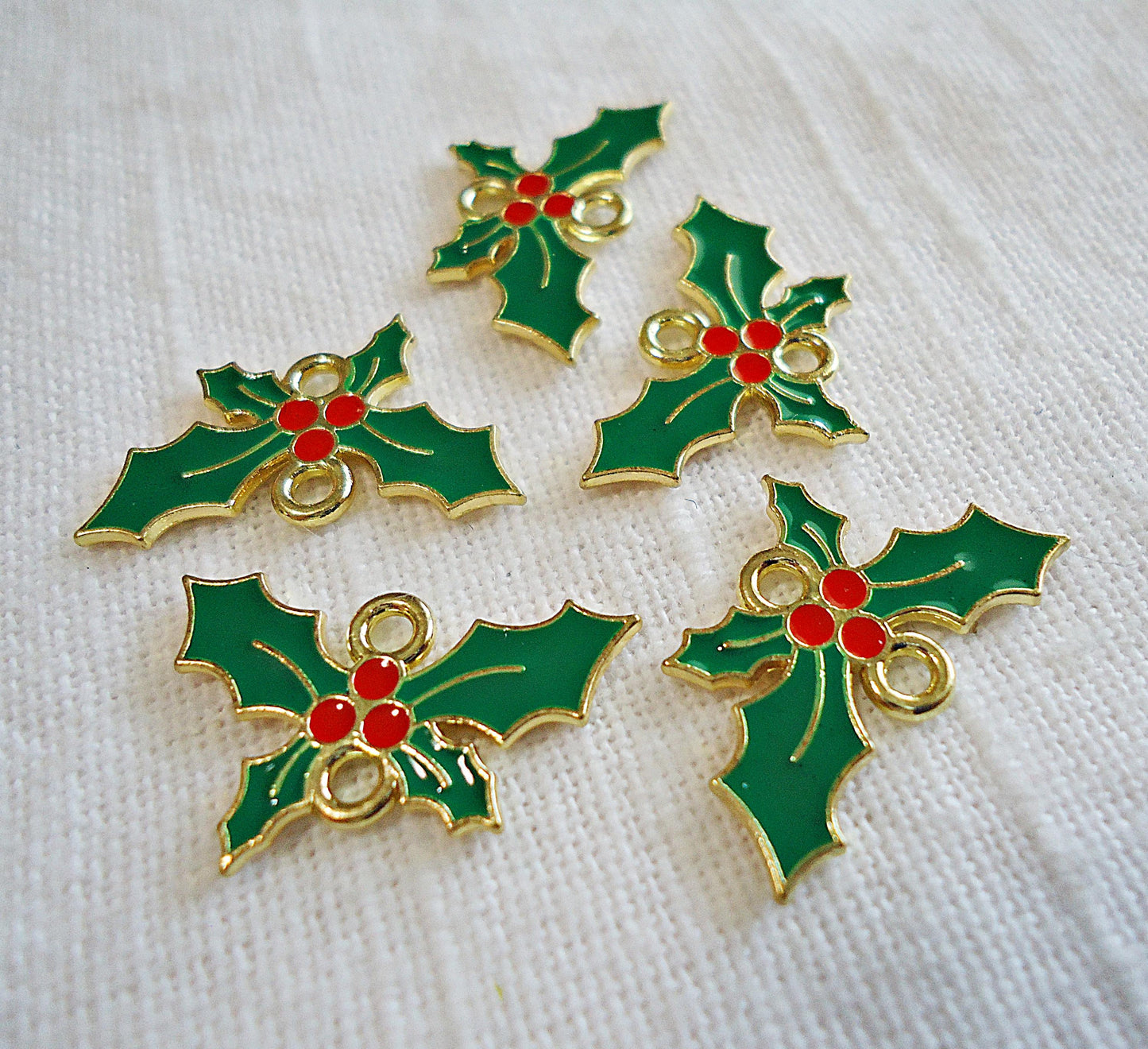 Holly Leaf Links, Christmas Charm, Enameled Green Red Gold