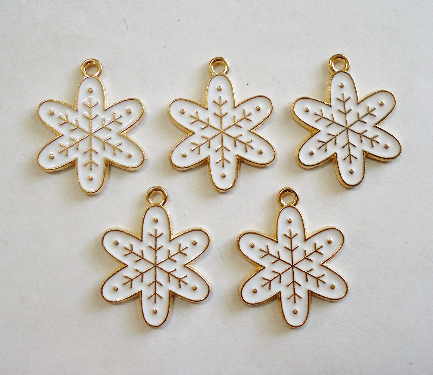Gold & White Enameled Snowflake Pendants / Charms, Set of 10, 3/4" Wide, Winter, Christmas