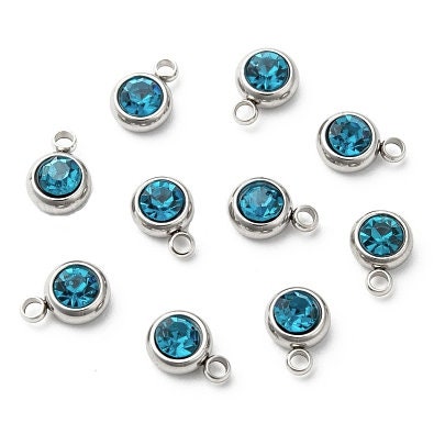 Small Stainless Steel Birthstone Charms - 6mm - Set of 12 - Glass Rhinestones, Hypoallergenic, Non-Tarnishing