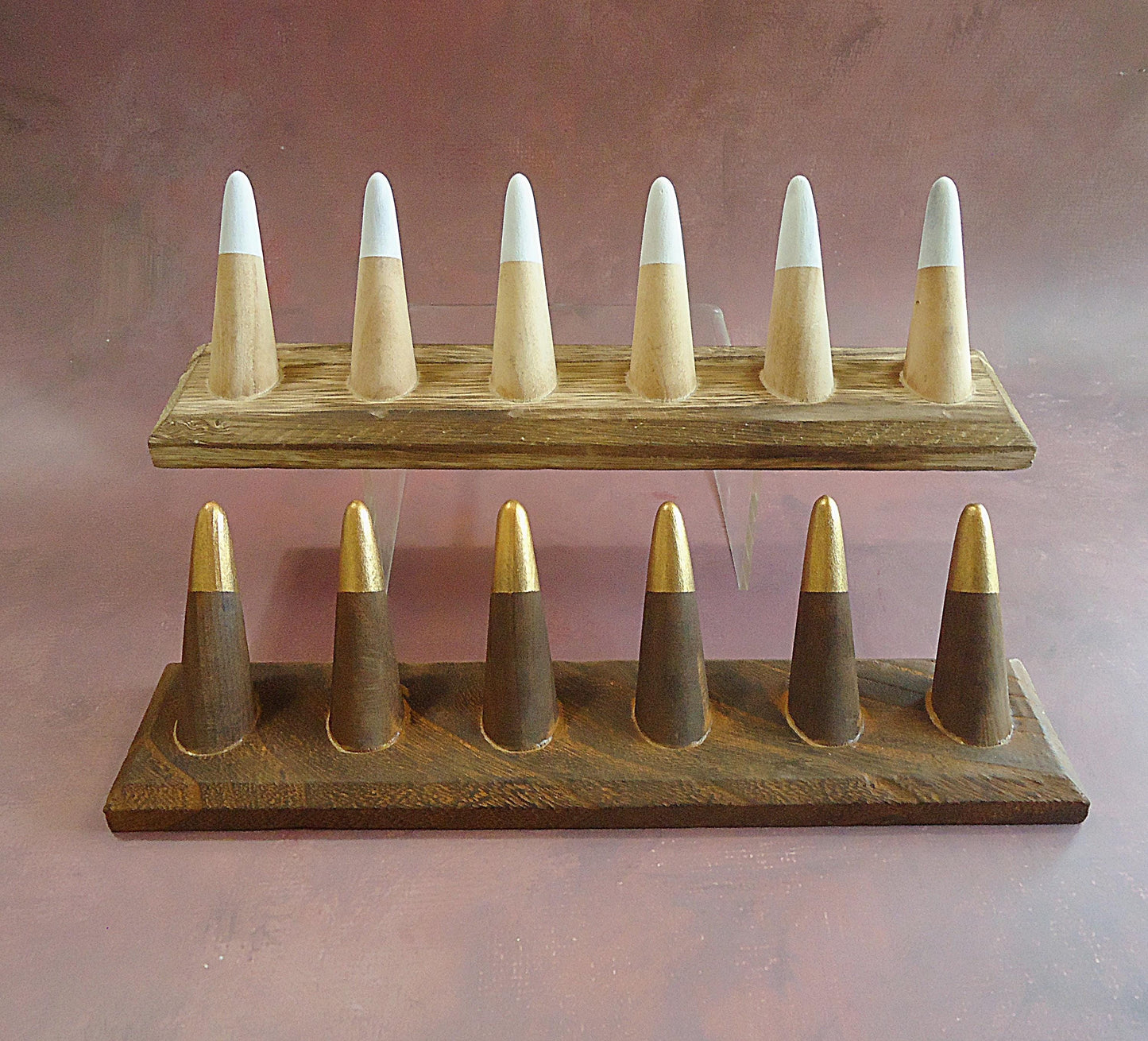 Wooden Ring Display, 6 Finger Ring Cones, 11" Wide, Natural with White Tips, Dark Brown with Metallic Bronze Tips